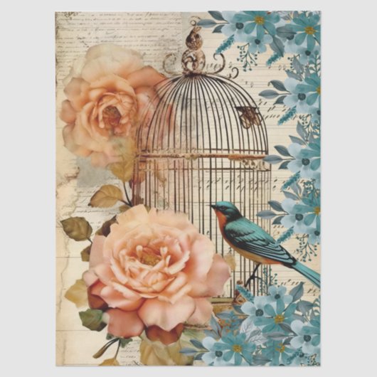 Perzik en Blauwgroen Floral Bird Cage Decoupage Tissuepapier (Voorkant)