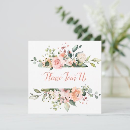 Perzik en Blush Bloemen Lijst Bruiloft Uitnodiging (Staand voorkant)