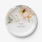 Perzik en Blush Roze Bloemen Bruiloft Papieren Bordje (Voorkant)