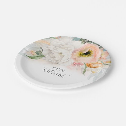 Perzik en Blush Roze Bloemen Bruiloft Papieren Bordje (Gekanteld)