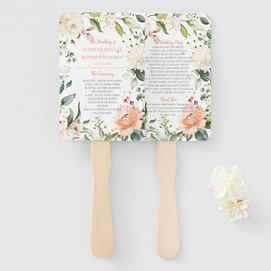 Perzik en Blush Waterverf Bloemen Lijst Bruiloft Handwaaier (Voorkant en achterkant)