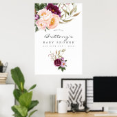Perzik en Bourgogne Bloemen Baby shower Welkom Poster (Thuiskantoor)
