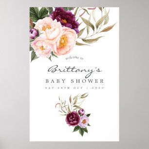 Perzik en Bourgogne Bloemen Baby shower Welkom Poster