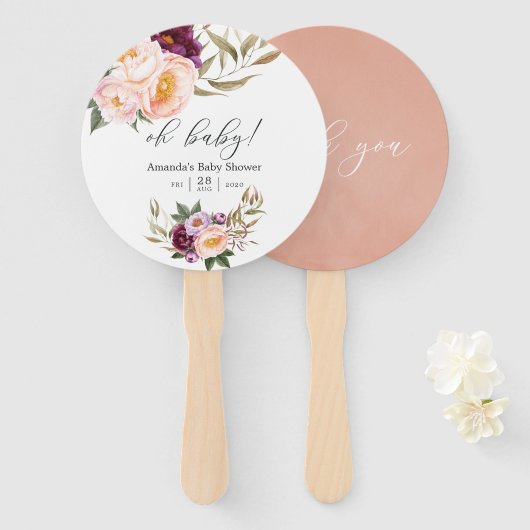 Perzik en Bourgogne Floral Baby shower Handwaaier (Voorkant en achterkant)