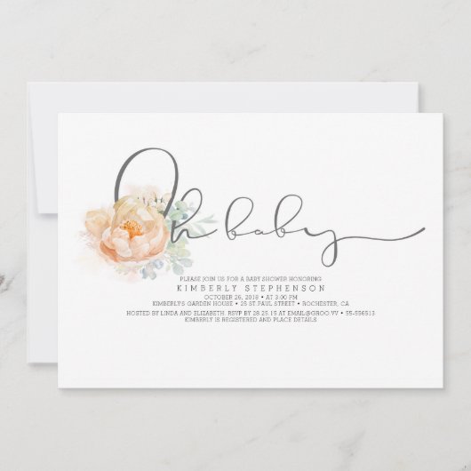 Perzik en Crème Bloemrijke Script Baby Shower Kaart (Voorkant)