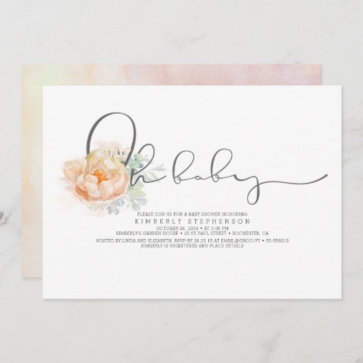 Perzik en Crème Bloemrijke Script Baby Shower Kaart (Voorkant / Achterkant)