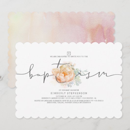 Perzik en Crème Floral Elegante Meisjes Doop Kaart (Voorkant / Achterkant)