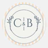 Perzik en Crème Gestreepte Monogram Huwelijk  Ronde Sticker (Voorkant)