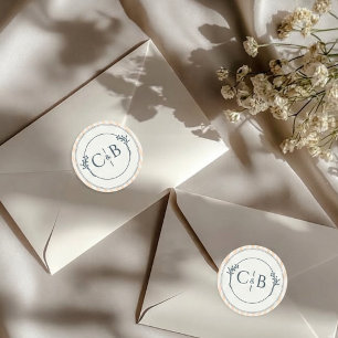 Perzik en Crème Gestreepte Monogram Huwelijk Ronde Sticker