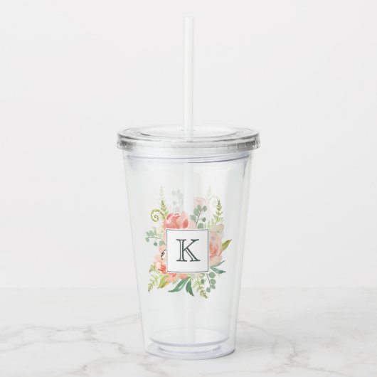 Perzik en Crème Waterverf Bloemen met Monogram Acryl Drinkbeker (Voorkant)