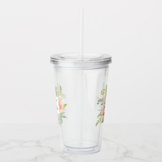 Perzik en Crème Waterverf Bloemen met Monogram Acryl Drinkbeker (Rechts)