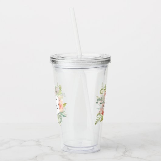 Perzik en Crème Waterverf Bloemen met Monogram Acryl Drinkbeker (Links)