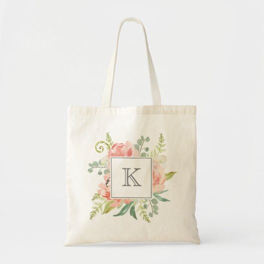 Perzik en Crème Waterverf Bloemen met Monogram Tote Bag (Voorkant)