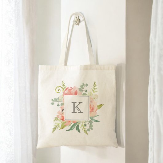 Perzik en Crème Waterverf Bloemen met Monogram Tote Bag