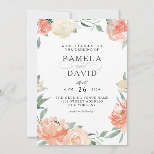 Perzik en Crème Waterverf Bloemenbruiloft Kaart (Voorkant)