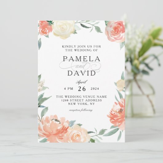 Perzik en Crème Waterverf Bloemenbruiloft Kaart (Staand voorkant)