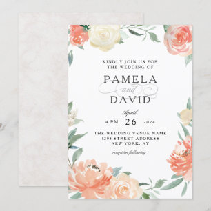 Perzik en Crème Waterverf Bloemenbruiloft Kaart