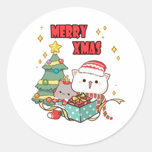Perzik en Goma Mochi Kat, Vrolijk Kerstfeest Ronde Sticker (Voorkant)