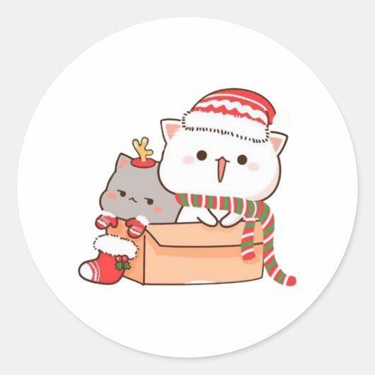 Perzik en Goma Mochi Kat, Vrolijk Kerstfeest Ronde Sticker (Voorkant)