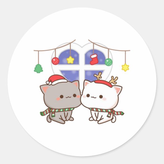 Perzik en Goma Mochi Kat, Vrolijk Kerstfeest Ronde Sticker (Voorkant)