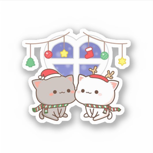 Perzik en Goma Mochi Kat, Vrolijk Kerstfeest Sticker (Voorkant)