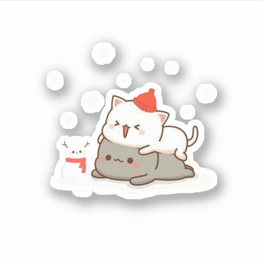 Perzik en Goma Mochi Kat, Vrolijk Kerstfeest Sticker (Voorkant)