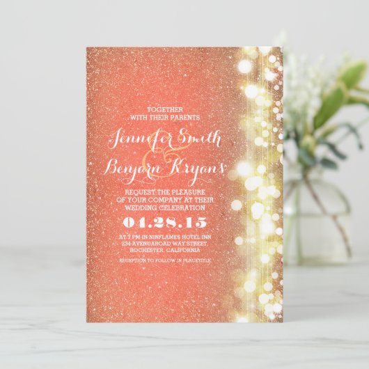 Perzik en goud glitter lichten bruiloft kaart (Staand voorkant)