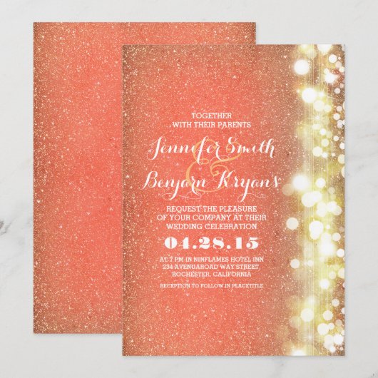 Perzik en goud glitter lichten bruiloft kaart (Voorkant / Achterkant)