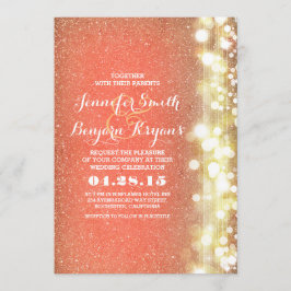 Perzik en goud glitter lichten bruiloft kaart