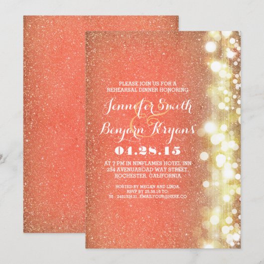 Perzik en goud glitter lichten repetitie diner kaart (Voorkant / Achterkant)