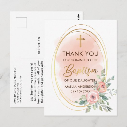 Perzik en Gouden Doop Dank Je Briefkaart (Voorkant / Achterkant)