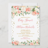 Perzik en gouden glitter bloemenmeisje baby shower kaart (Voorkant)