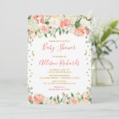 Perzik en gouden glitter bloemenmeisje baby shower kaart (Staand voorkant)