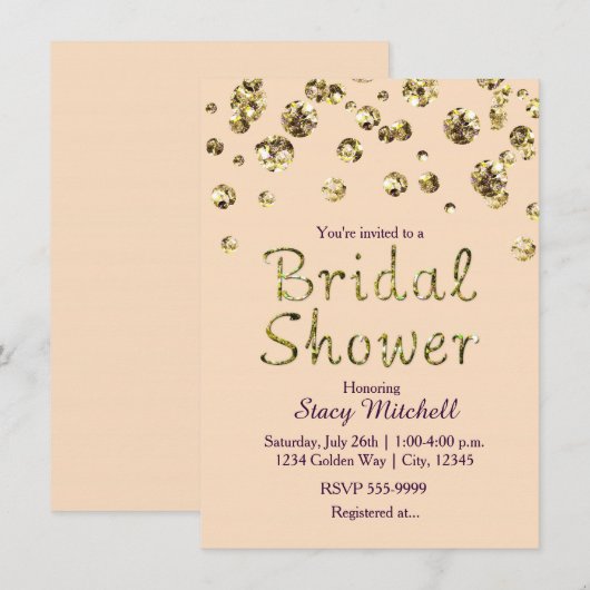 Perzik en Gouden Glitter Bruids Douche Uitnodiging (Voorkant / Achterkant)