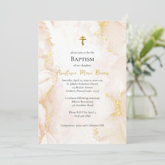 Perzik en Gouden Orthodoxe doop Kaart (Staand voorkant)