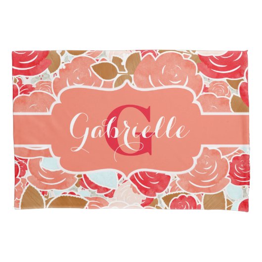 Perzik en goudWaterverf Rozen Florenz Monogram Kussensloop (Voorkant-Links)