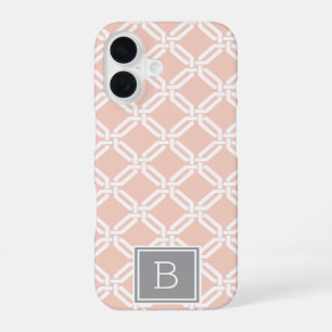 Perzik en grijs rasterpatroon monogram iPhone 16 hoesje