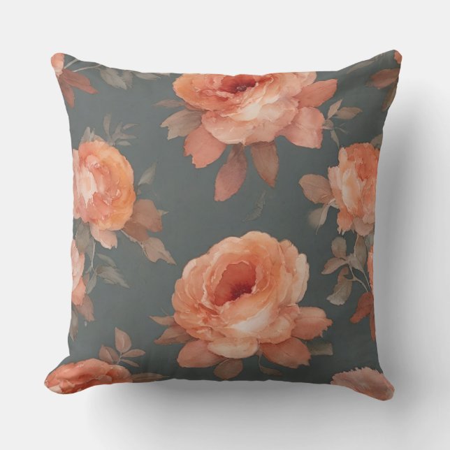 Perzik en grijze Floral Kussen (Voorkant)