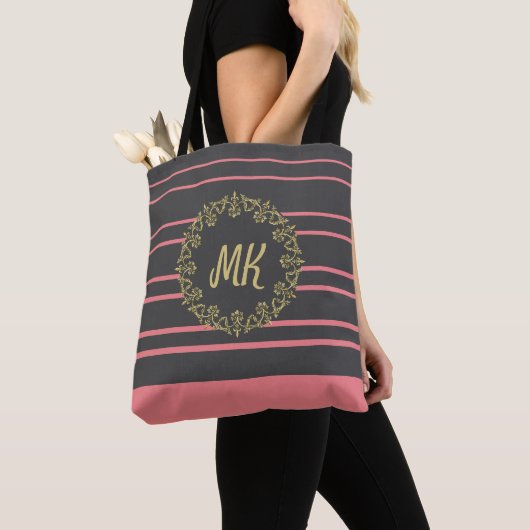 Perzik en grijze monogrammen tote bag (Dichtbij)