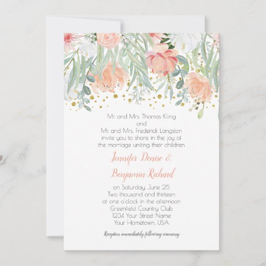 Perzik en Groen Bloemen Goud Sparkles Bruiloft Kaart (Voorkant)