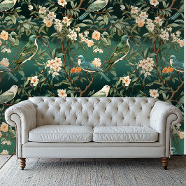 Perzik en groen Chinoiserie stijl Bloemen Wallpape Behang