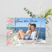 Perzik en groene bloem foto save the date kaart (Staand voorkant)