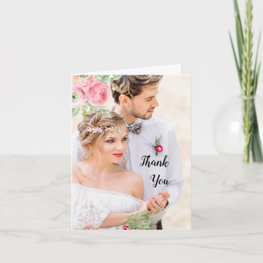 Perzik en groene bloemige foto bruiloft bedankt (Voorkant)