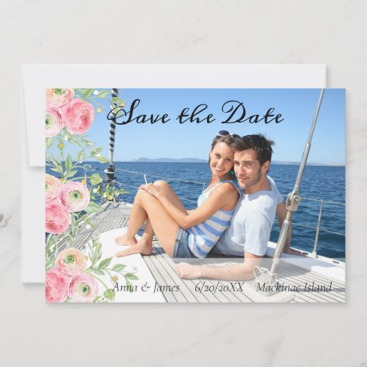 Perzik en Groene Floral Foto sparen de Datum Kaart (Voorkant)