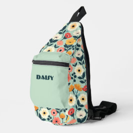 Perzik en Groene Retro Bloemen Sling Bag