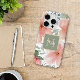 Perzik en groene Waterverf Bloemen met Monogram iPhone 15 Pro Case
