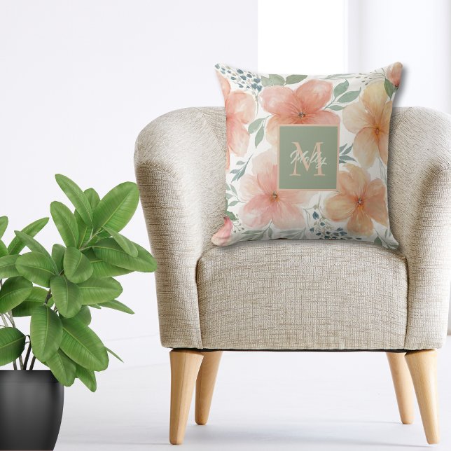 Perzik en groene Waterverf Floral Sierkussen (Creator heeft geüpload)