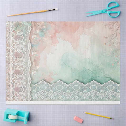 Perzik en groene Waterverven en kant Tissuepapier (Craft)