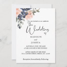 Perzik en indigoblauwe bloemen kaart