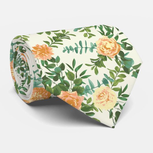 Perzik en Ivory Peony en Roos Floral Wedding Stropdas (Opgerold)